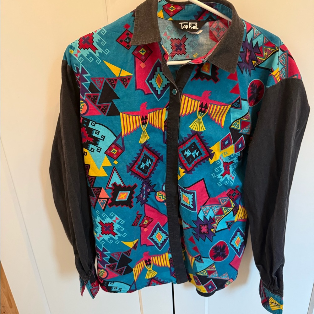 Blue and Black Button Down Shirt with Geometric Pattern